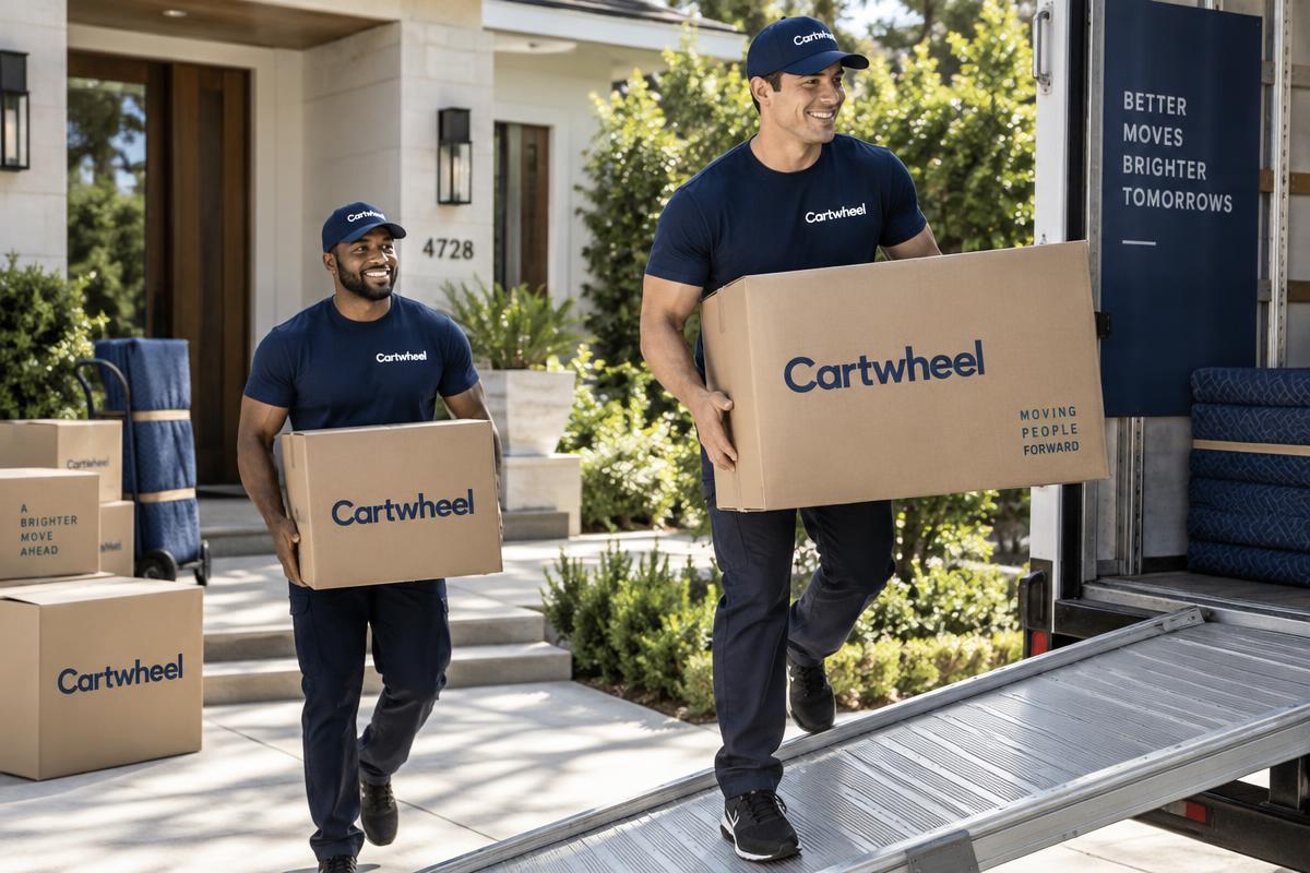 Cartwheel helpers in navy shirts carrying branded boxes down a truck ramp